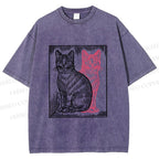 Unisex Vintage Cat with Shadows Printed Washed Tee