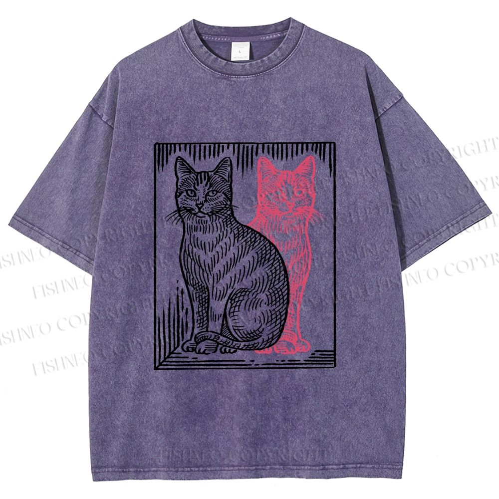 Unisex Vintage Cat with Shadows Printed Washed Tee