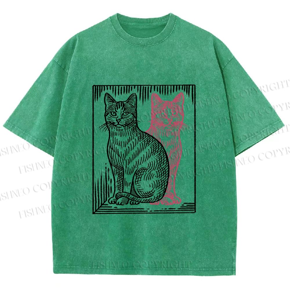 Unisex Vintage Cat with Shadows Printed Washed Tee