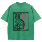 Unisex Vintage Cat with Shadows Printed Washed Tee