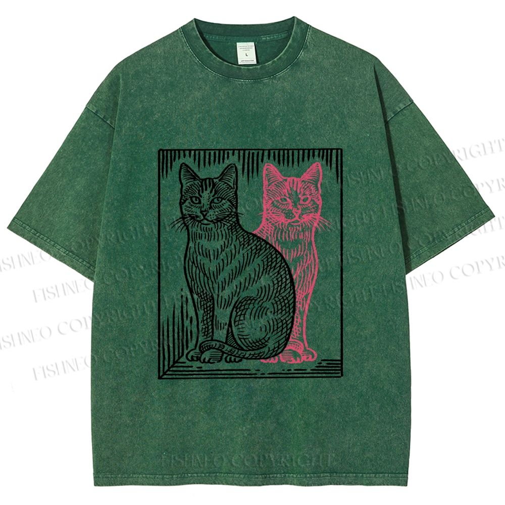 Unisex Vintage Cat with Shadows Printed Washed Tee