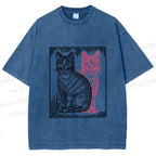 Unisex Vintage Cat with Shadows Printed Washed Tee