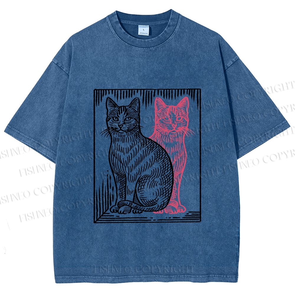 Unisex Vintage Cat with Shadows Printed Washed Tee