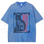 Unisex Vintage Cat with Shadows Printed Washed Tee