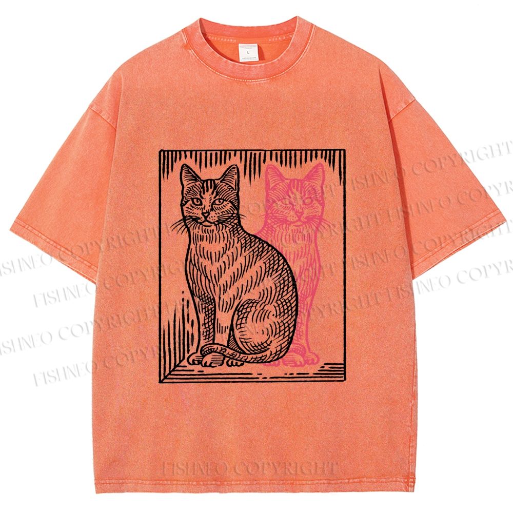 Unisex Vintage Cat with Shadows Printed Washed Tee