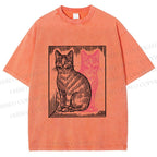 Unisex Vintage Cat with Shadows Printed Washed Tee
