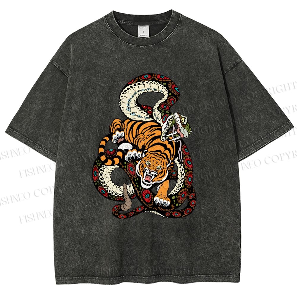 Unisex Vintage Graffiti Tiger vs Snake Printed Washed Tee