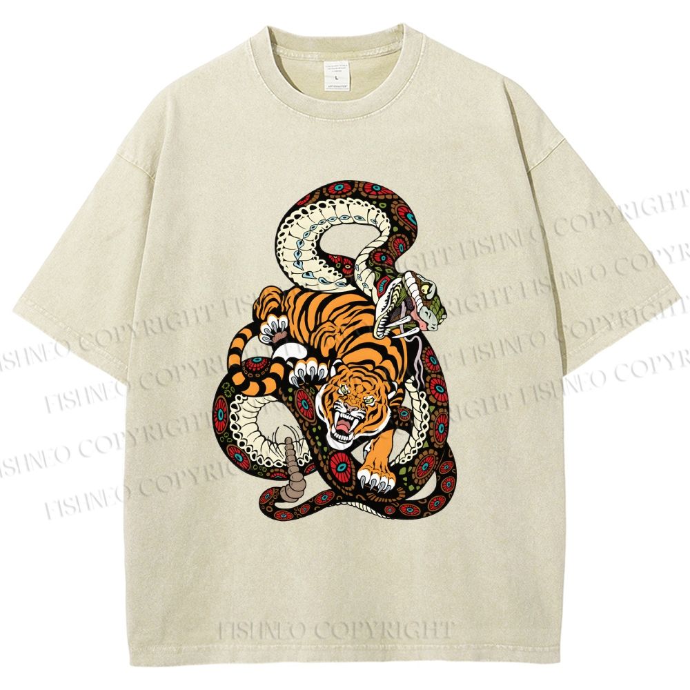 Unisex Vintage Graffiti Tiger vs Snake Printed Washed Tee