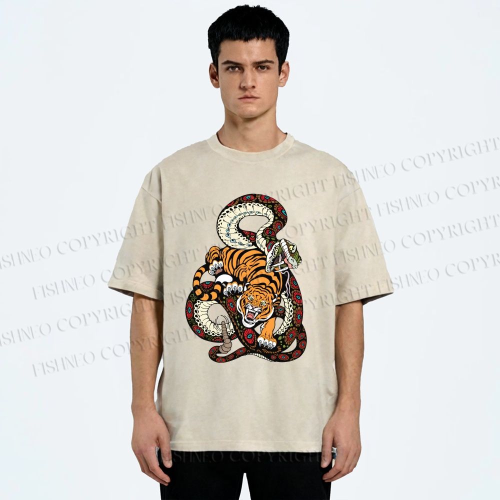 Unisex Vintage Graffiti Tiger vs Snake Printed Washed Tee