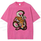 Unisex Vintage Graffiti Tiger vs Snake Printed Washed Tee