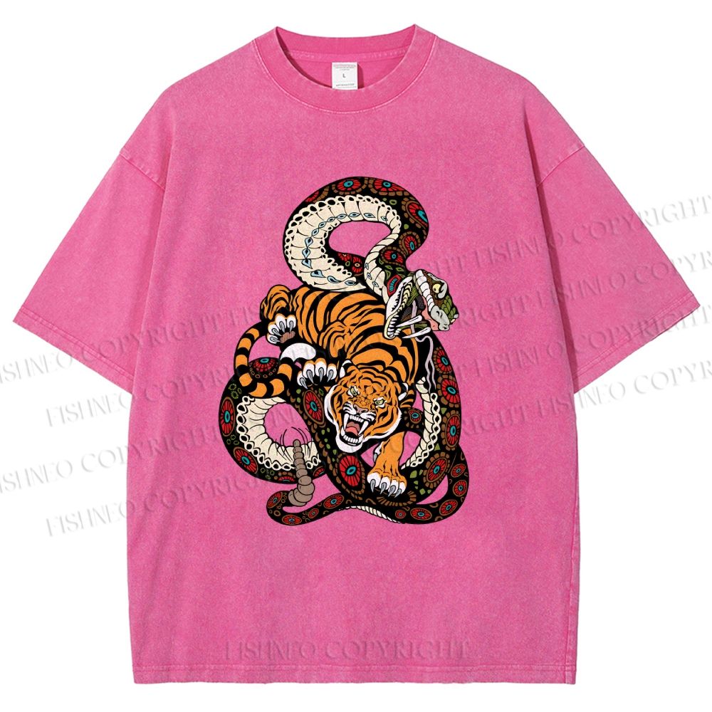 Unisex Vintage Graffiti Tiger vs Snake Printed Washed Tee