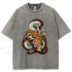 Unisex Vintage Graffiti Tiger vs Snake Printed Washed Tee