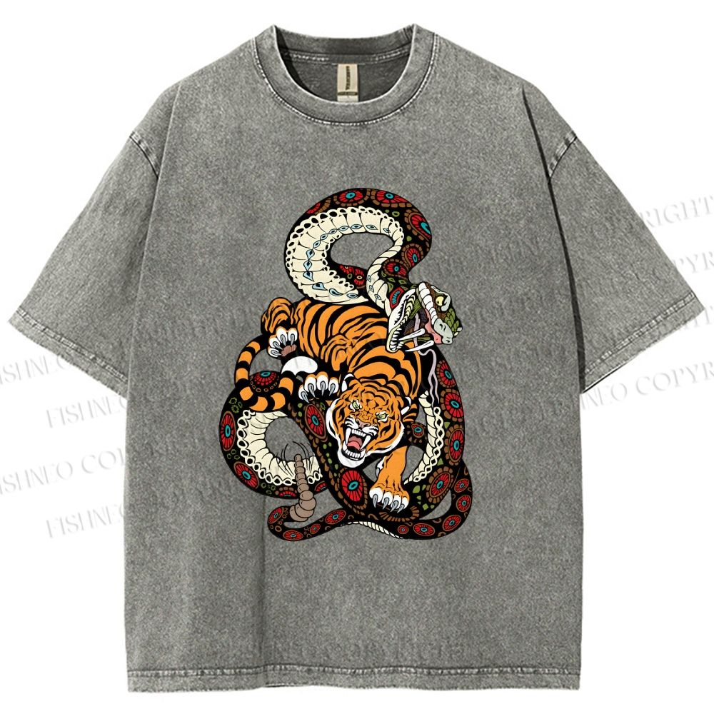 Unisex Vintage Graffiti Tiger vs Snake Printed Washed Tee