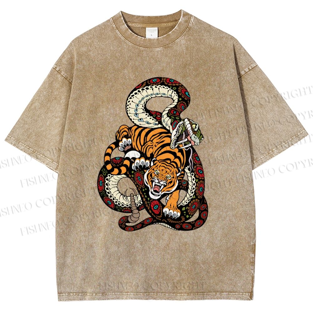 Unisex Vintage Graffiti Tiger vs Snake Printed Washed Tee