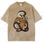 Unisex Vintage Graffiti Tiger vs Snake Printed Washed Tee