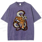 Unisex Vintage Graffiti Tiger vs Snake Printed Washed Tee