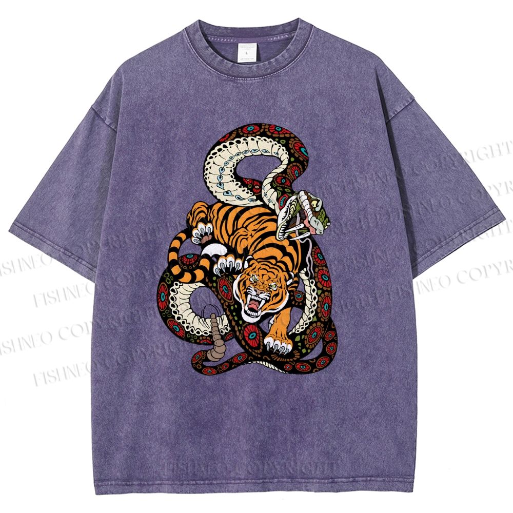 Unisex Vintage Graffiti Tiger vs Snake Printed Washed Tee