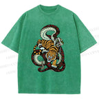 Unisex Vintage Graffiti Tiger vs Snake Printed Washed Tee