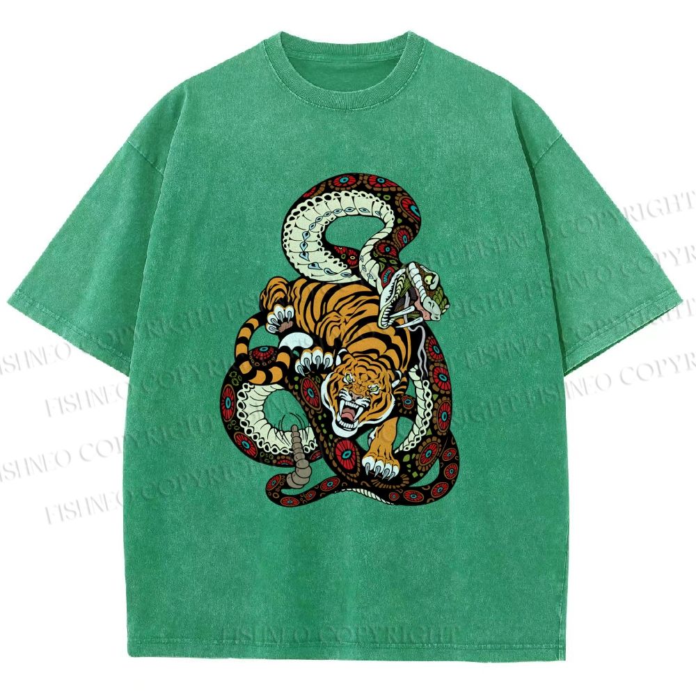 Unisex Vintage Graffiti Tiger vs Snake Printed Washed Tee