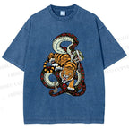 Unisex Vintage Graffiti Tiger vs Snake Printed Washed Tee