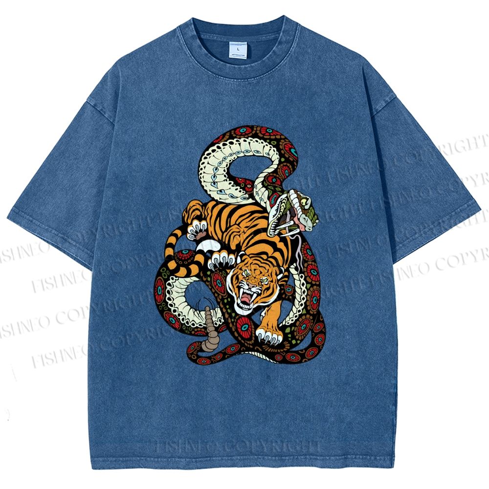 Unisex Vintage Graffiti Tiger vs Snake Printed Washed Tee