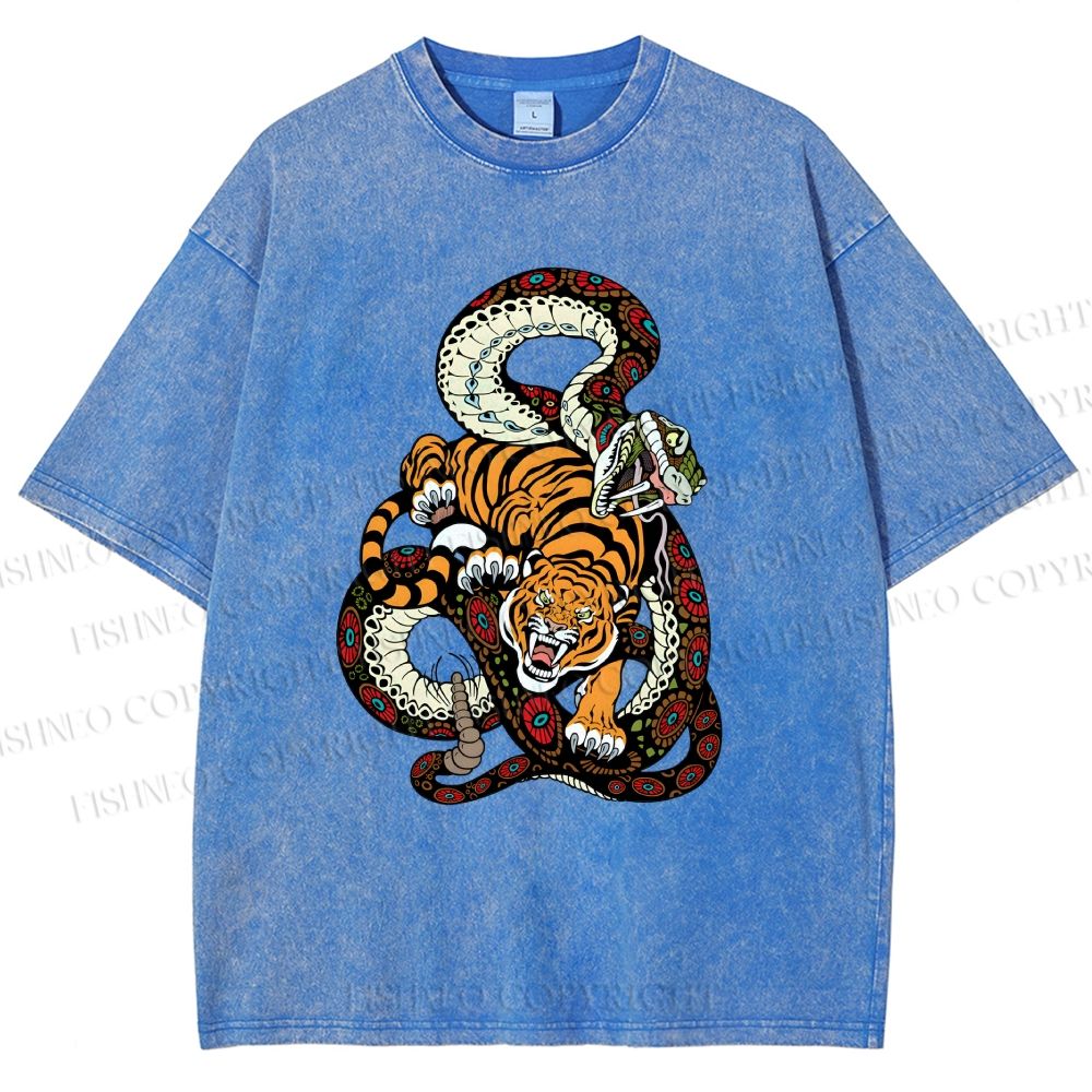 Unisex Vintage Graffiti Tiger vs Snake Printed Washed Tee