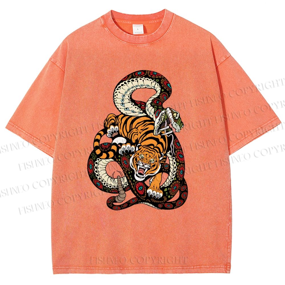 Unisex Vintage Graffiti Tiger vs Snake Printed Washed Tee