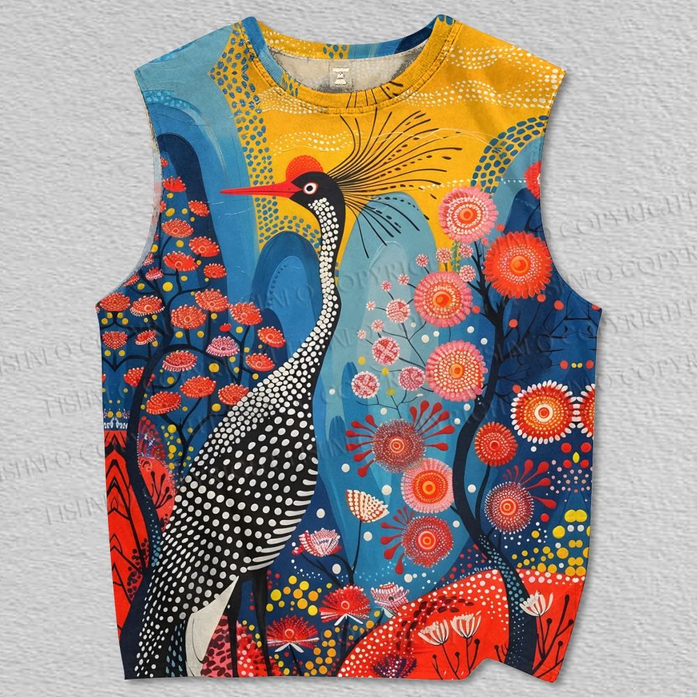 Unisex Dotted Crane Printed Tank Top