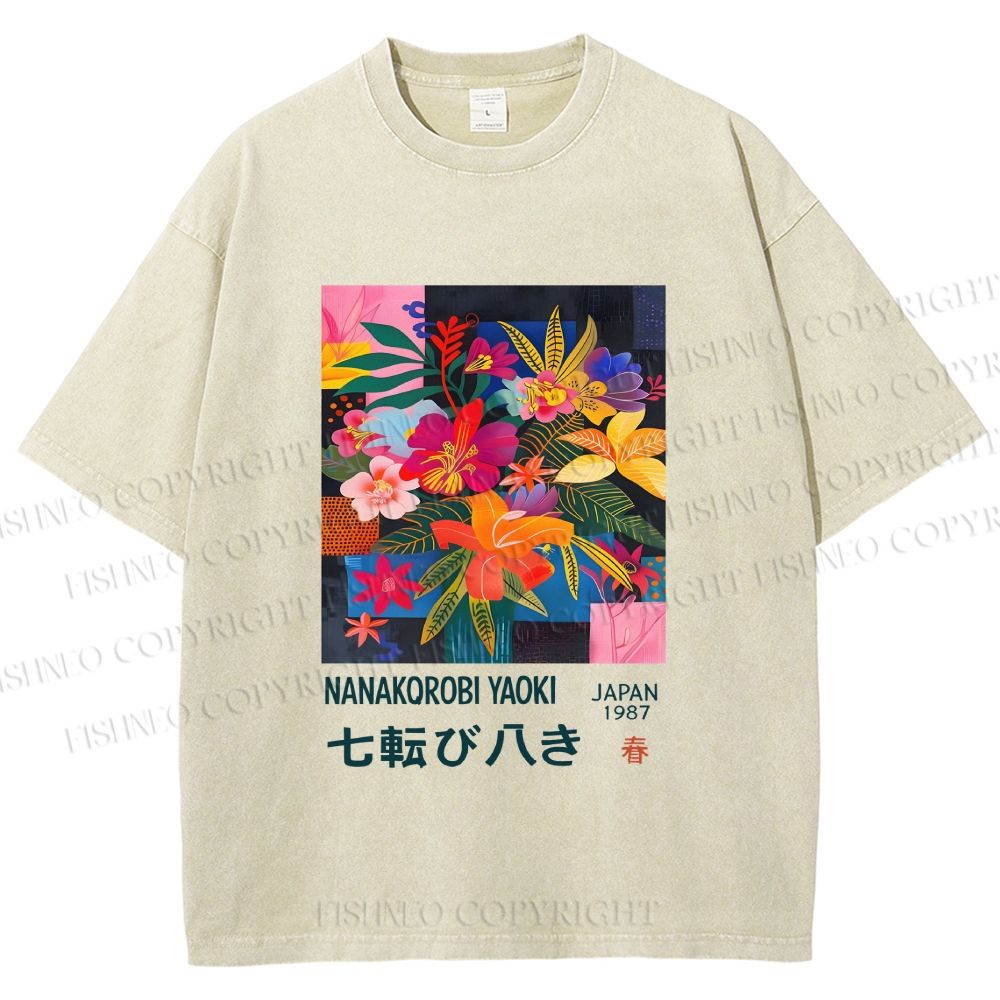 Unisex Nanakorobi Yaoki Floral Art Printed Washed Tee
