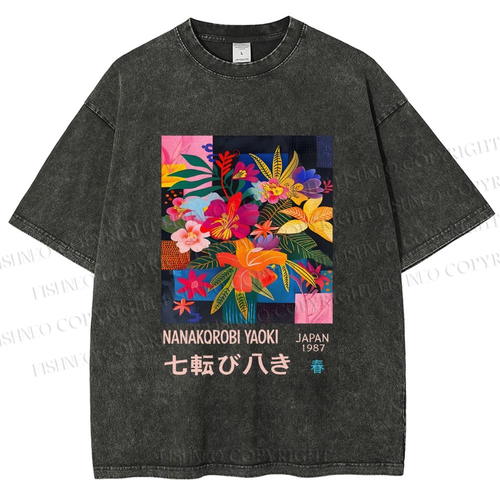 Unisex Nanakorobi Yaoki Floral Art Printed Washed Tee
