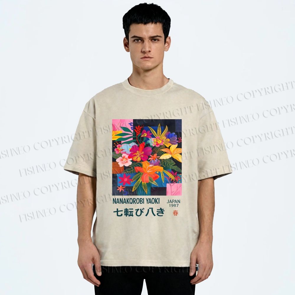 Unisex Nanakorobi Yaoki Floral Art Printed Washed Tee