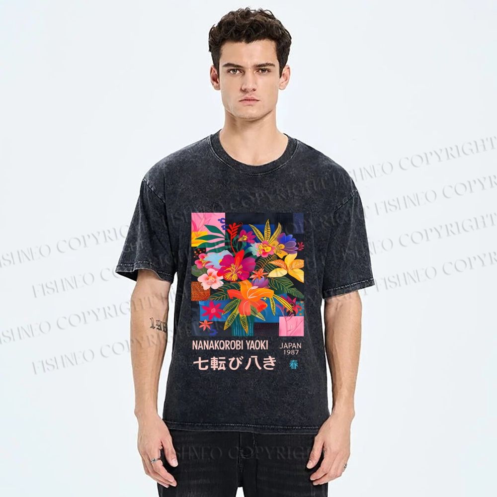 Unisex Nanakorobi Yaoki Floral Art Printed Washed Tee