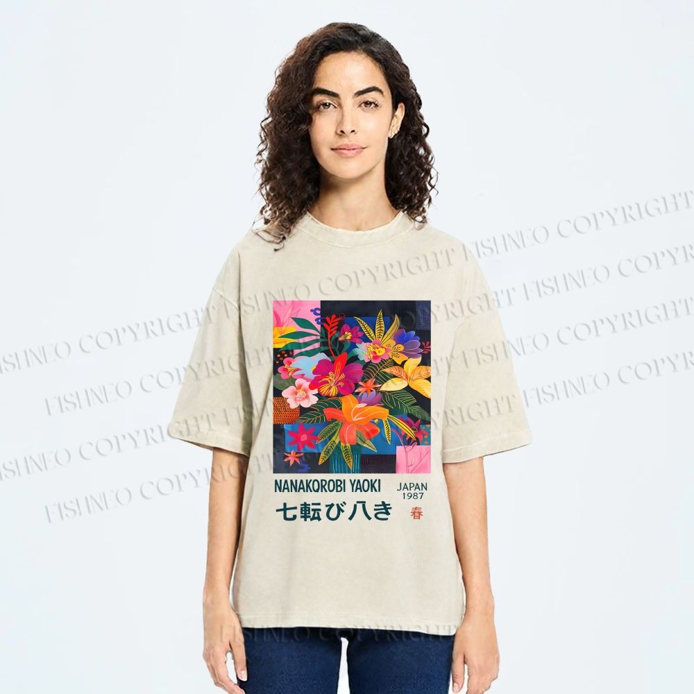 Unisex Nanakorobi Yaoki Floral Art Printed Washed Tee