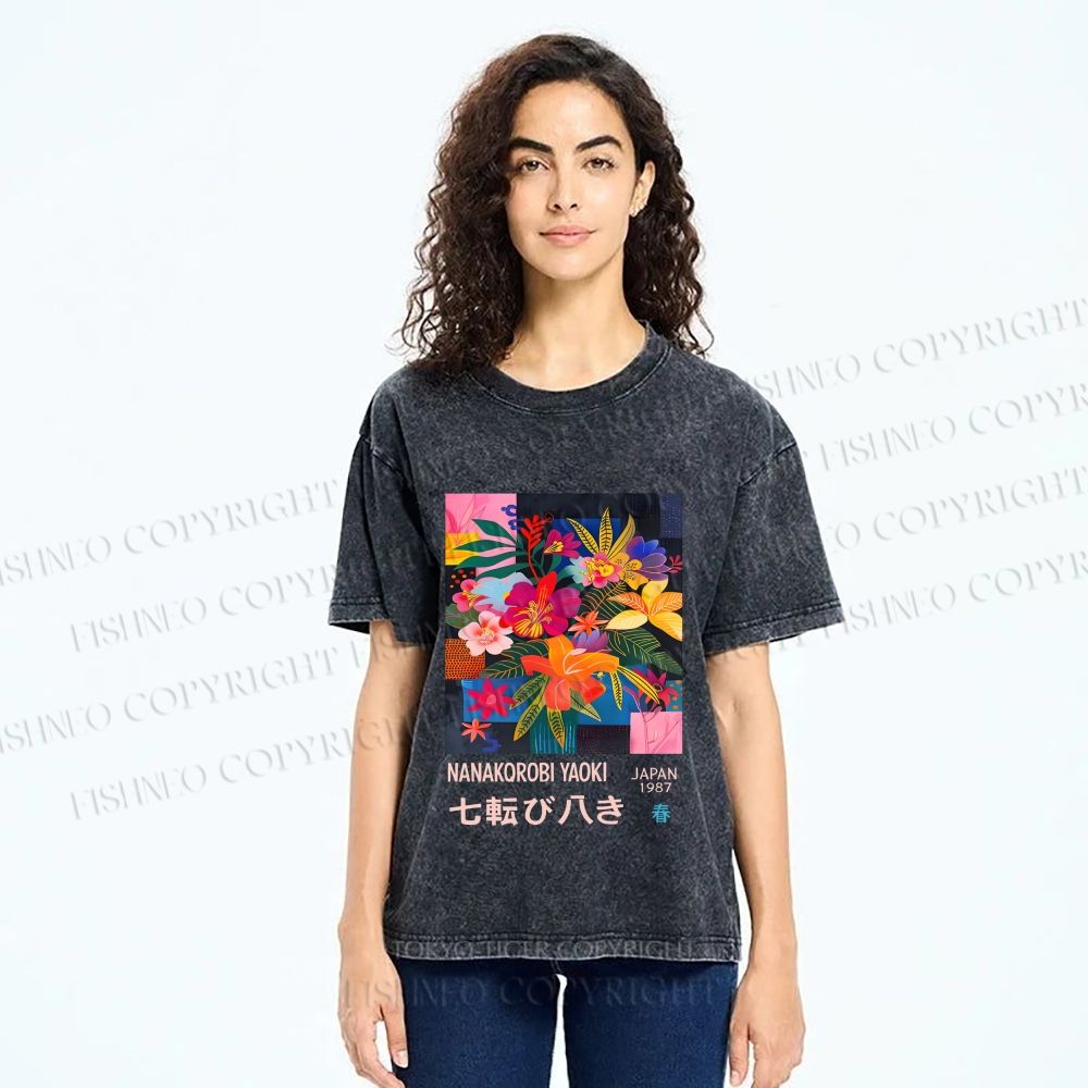 Unisex Nanakorobi Yaoki Floral Art Printed Washed Tee