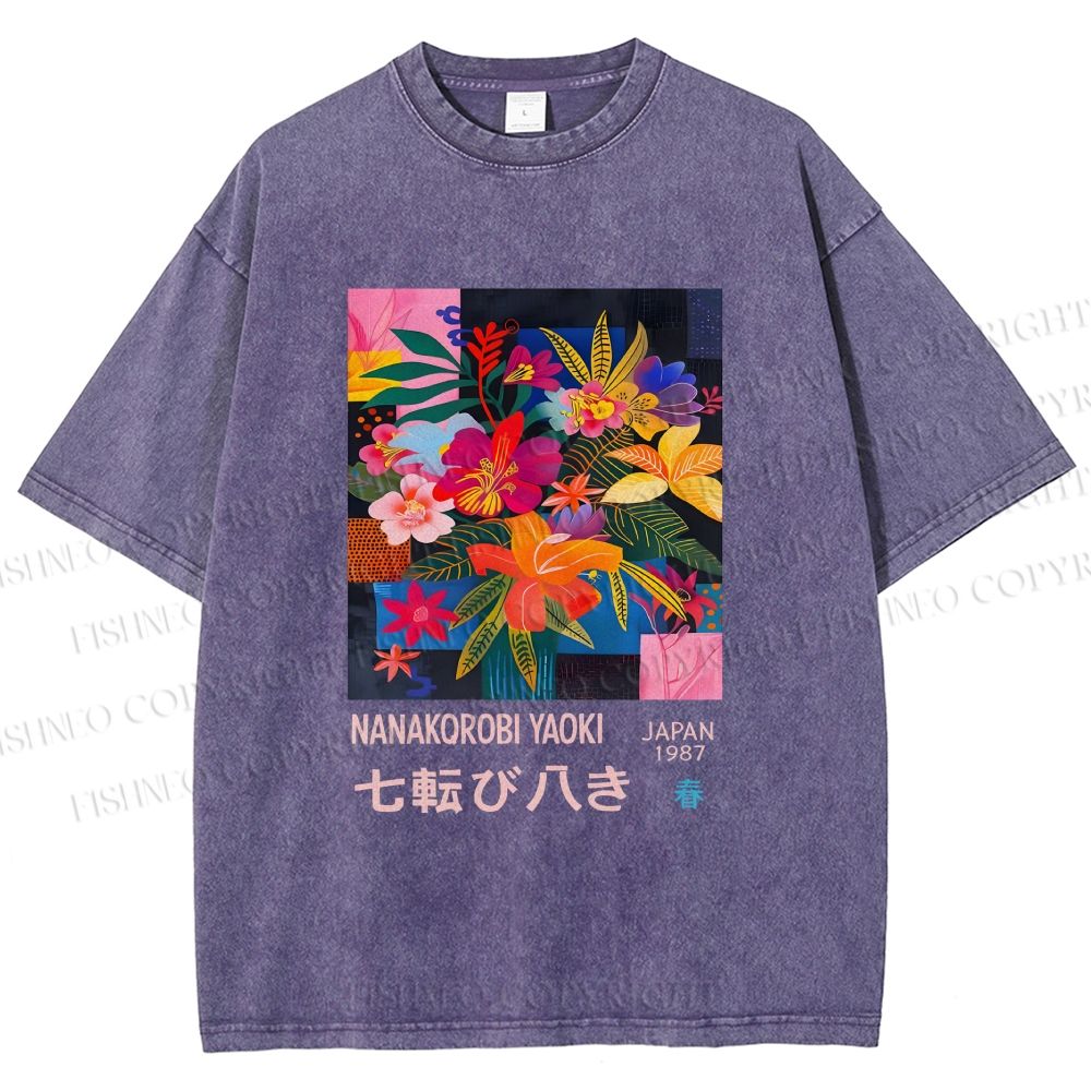 Unisex Nanakorobi Yaoki Floral Art Printed Washed Tee