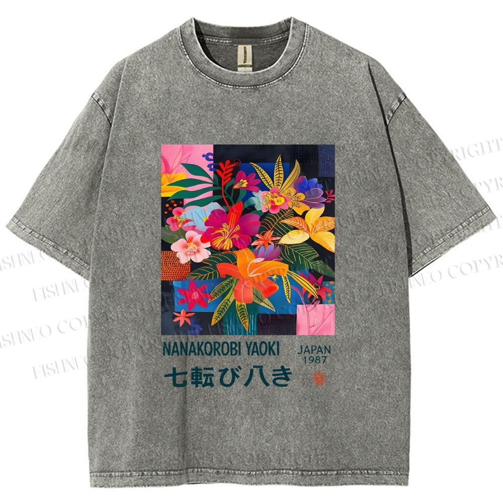 Unisex Nanakorobi Yaoki Floral Art Printed Washed Tee