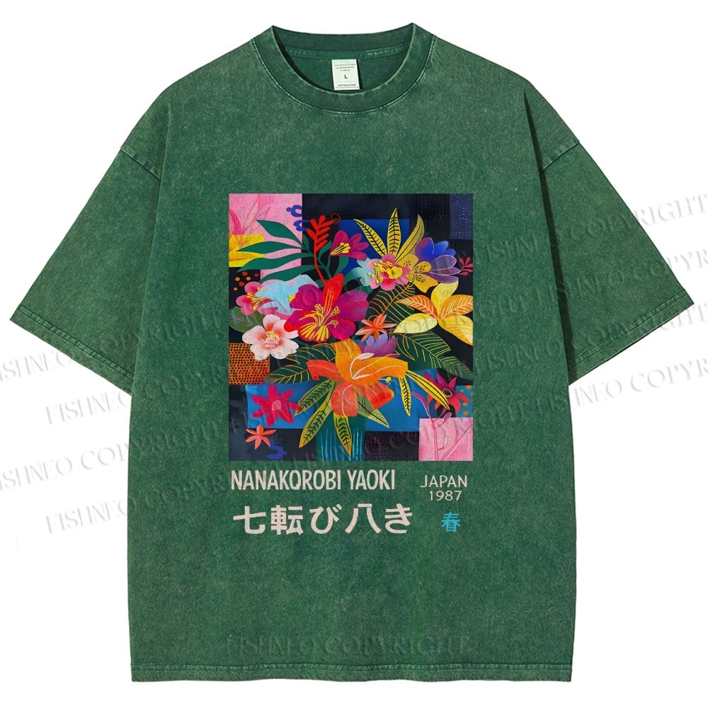 Unisex Nanakorobi Yaoki Floral Art Printed Washed Tee