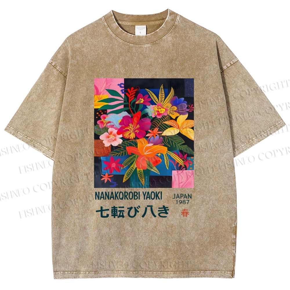 Unisex Nanakorobi Yaoki Floral Art Printed Washed Tee