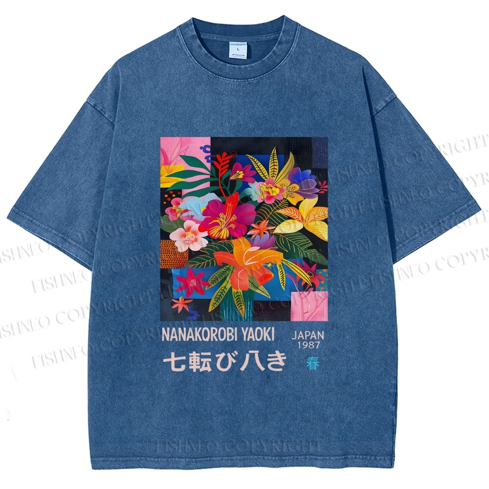 Unisex Nanakorobi Yaoki Floral Art Printed Washed Tee