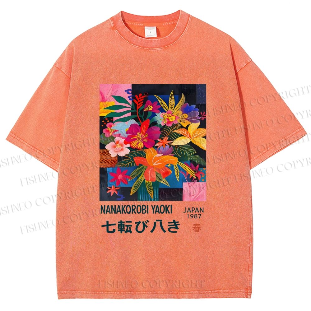 Unisex Nanakorobi Yaoki Floral Art Printed Washed Tee