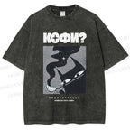 Unisex Coffee Cat Printed Washed Tee