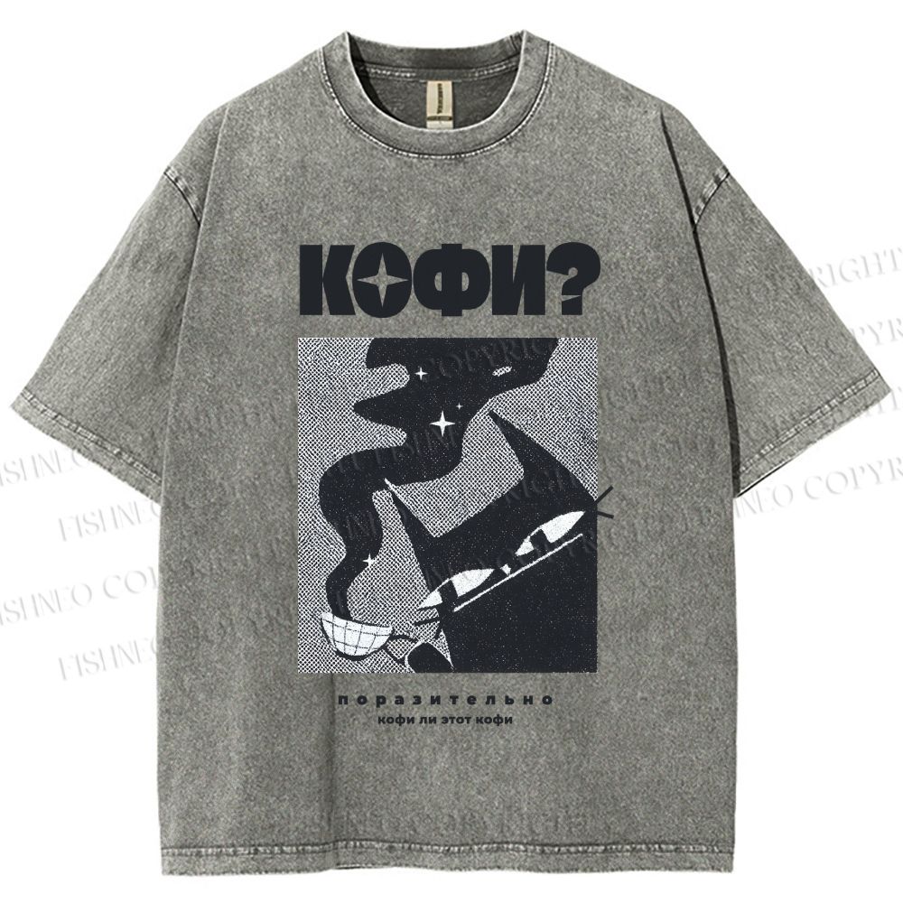 Unisex Coffee Cat Printed Washed Tee