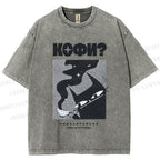 Unisex Coffee Cat Printed Washed Tee