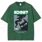 Unisex Coffee Cat Printed Washed Tee