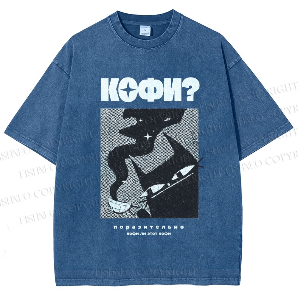 Unisex Coffee Cat Printed Washed Tee