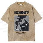 Unisex Coffee Cat Printed Washed Tee