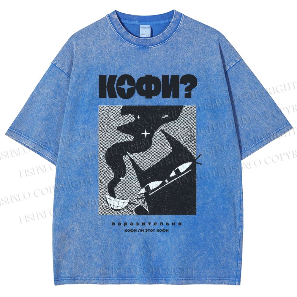 Unisex Coffee Cat Printed Washed Tee
