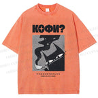 Unisex Coffee Cat Printed Washed Tee