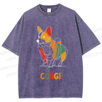 Unisex Corgi Line Art Printed Washed Tee