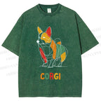 Unisex Corgi Line Art Printed Washed Tee